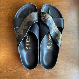 Birkenstock Daytona Papillio Black Slides with Gold Floral Design
